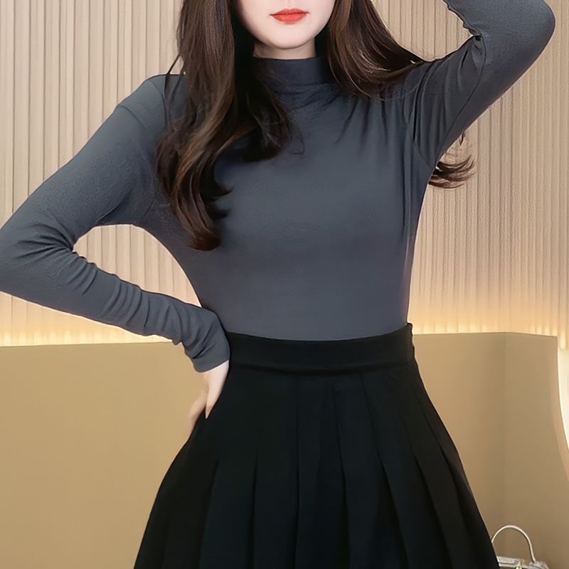 Mock Neck Long Sleeve Solid T-Shirt
