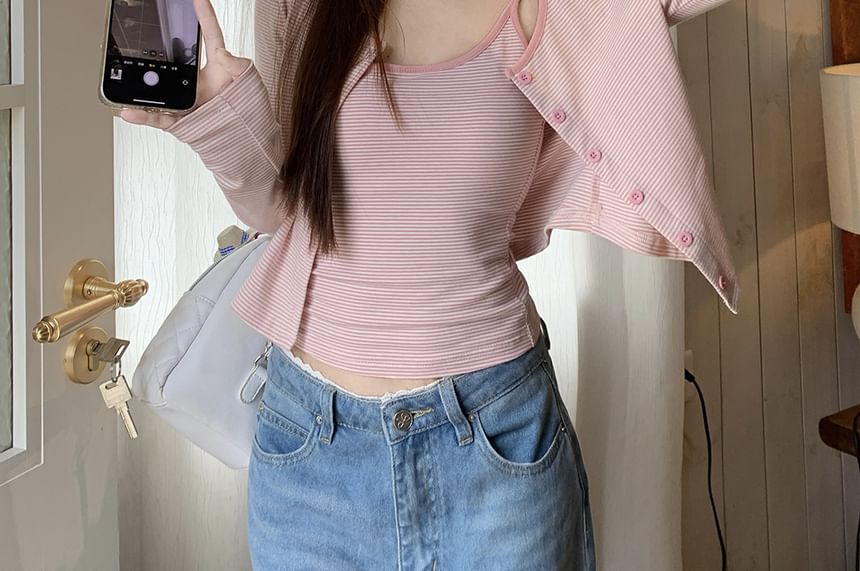 Scoop-Neck Striped Crop Camisole & Cardigan Set