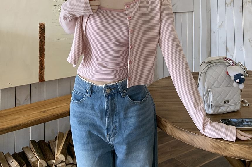 Scoop-Neck Striped Crop Camisole & Cardigan Set
