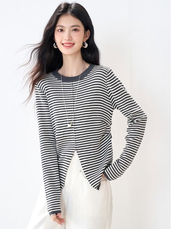 Striped Slit Knit Top with Round Neck, Long Sleeves, Casual Fit