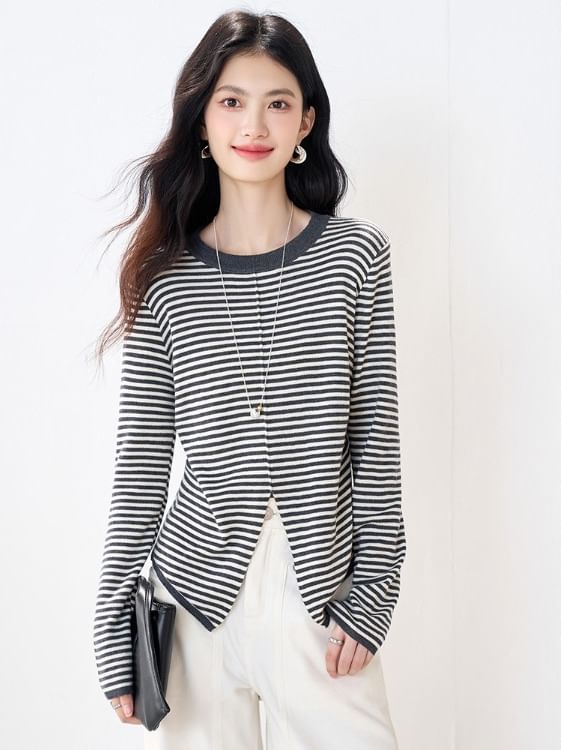 Striped Slit Knit Top with Round Neck, Long Sleeves, Casual Fit