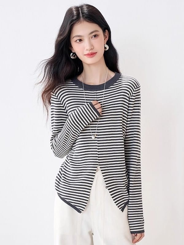 Striped Slit Knit Top with Round Neck, Long Sleeves, Casual Fit