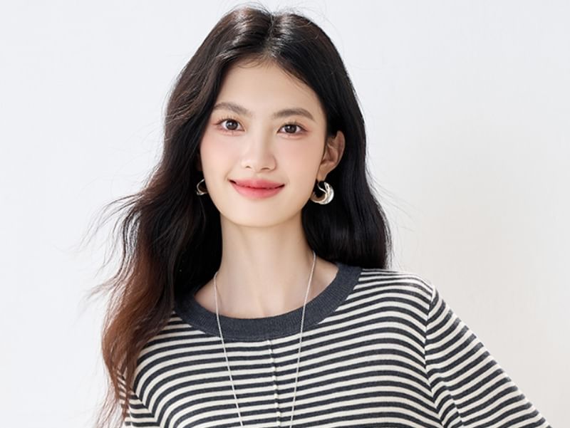 Striped Slit Knit Top with Round Neck, Long Sleeves, Casual Fit