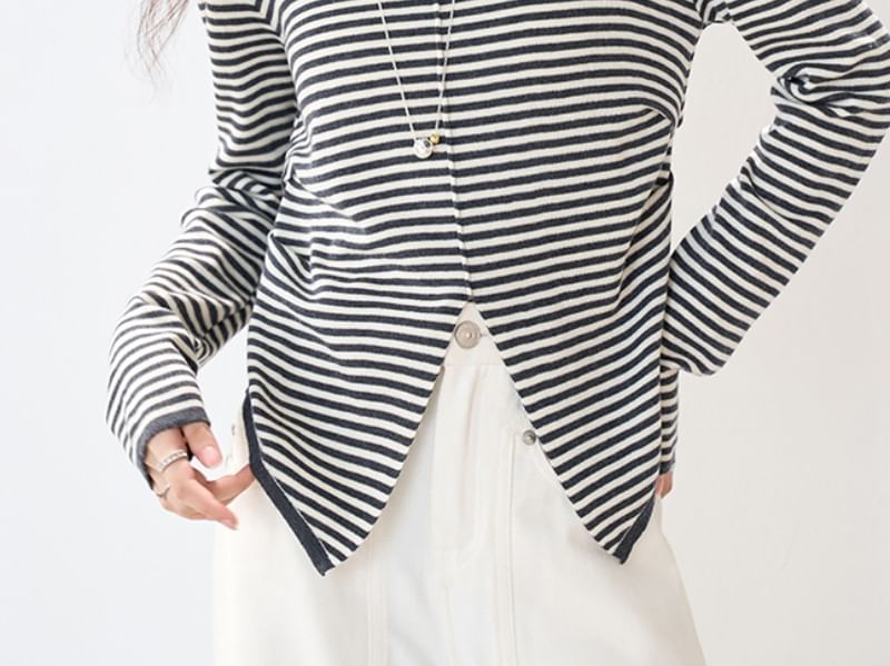 Striped Slit Knit Top with Round Neck, Long Sleeves, Casual Fit