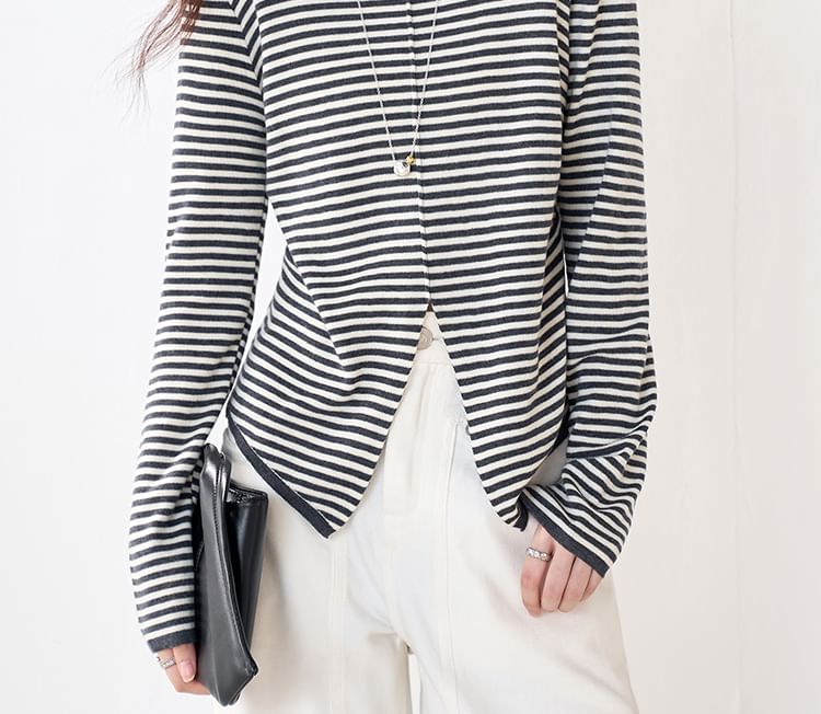 Striped Slit Knit Top with Round Neck, Long Sleeves, Casual Fit