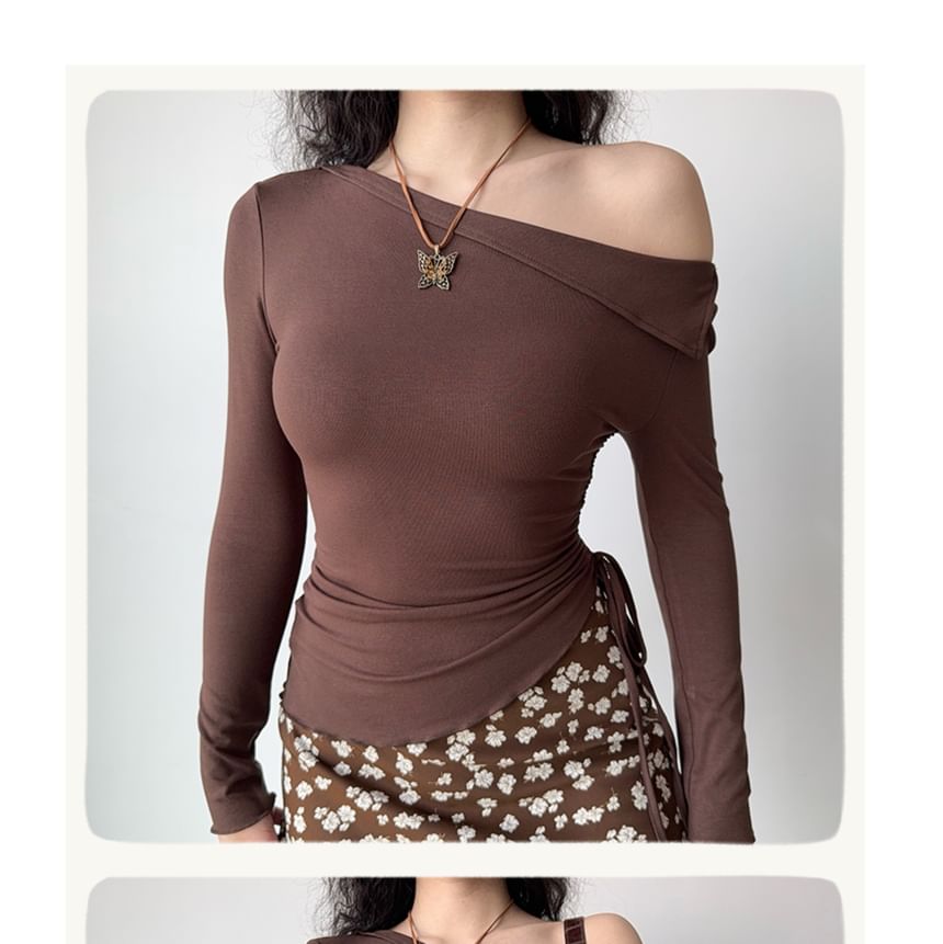 Asymmetrical Off-Shoulder Drawstring Tee, Long Sleeves, Solid Color, Slim Fit