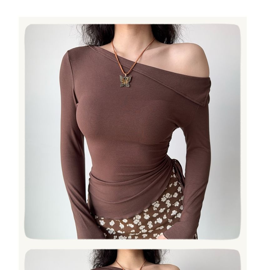 Asymmetrical Off-Shoulder Drawstring Tee, Long Sleeves, Solid Color, Slim Fit
