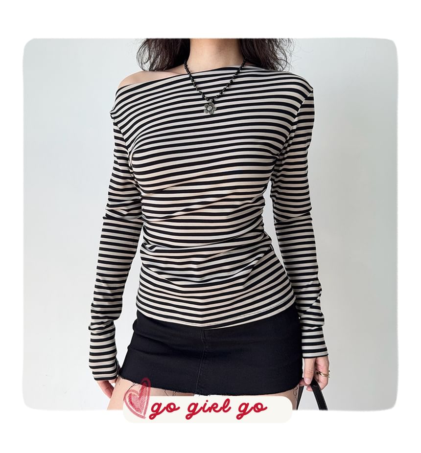 Striped Boat Neck T-Shirt with Long Sleeves, Slim Fit, Casual Style