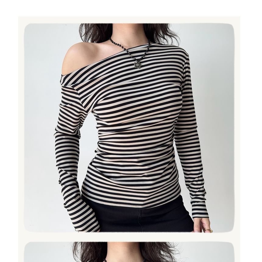 Striped Boat Neck T-Shirt with Long Sleeves, Slim Fit, Casual Style
