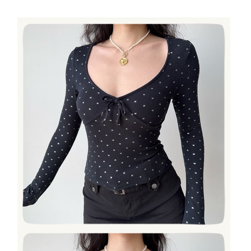 V-Neck Long Sleeve Bow Print Slim Fit T-Shirt