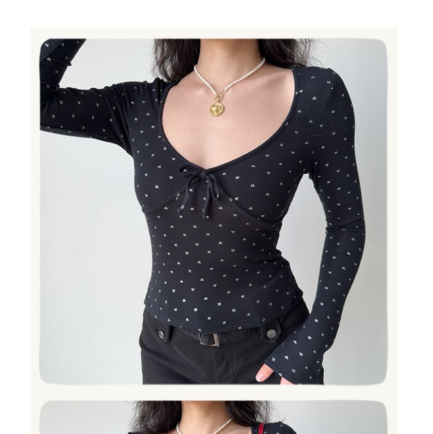 V-Neck Long Sleeve Bow Print Slim Fit T-Shirt