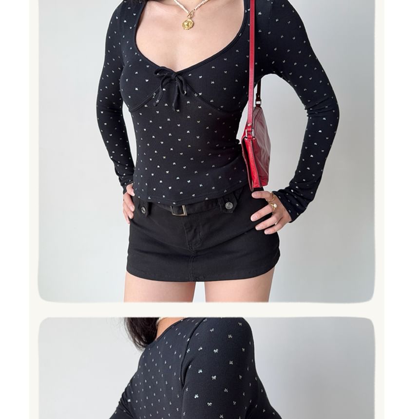 V-Neck Long Sleeve Bow Print Slim Fit T-Shirt