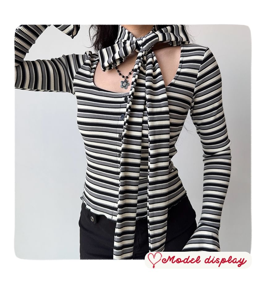 Striped Ribbed Button-Front Top with Skinny Scarf Set, Square Neck, Long Sleeves, Slim Fit