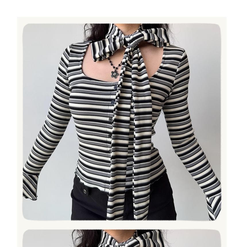 Striped Ribbed Button-Front Top with Skinny Scarf Set, Square Neck, Long Sleeves, Slim Fit