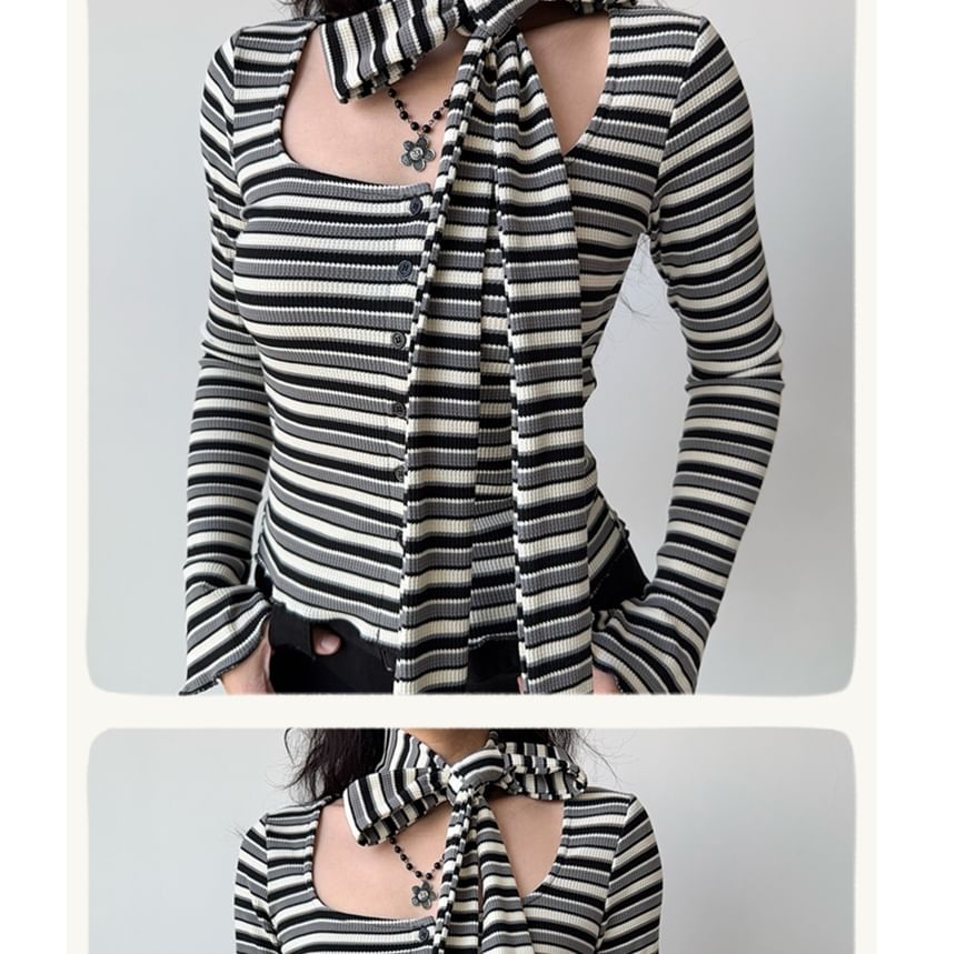 Striped Ribbed Button-Front Top with Skinny Scarf Set, Square Neck, Long Sleeves, Slim Fit