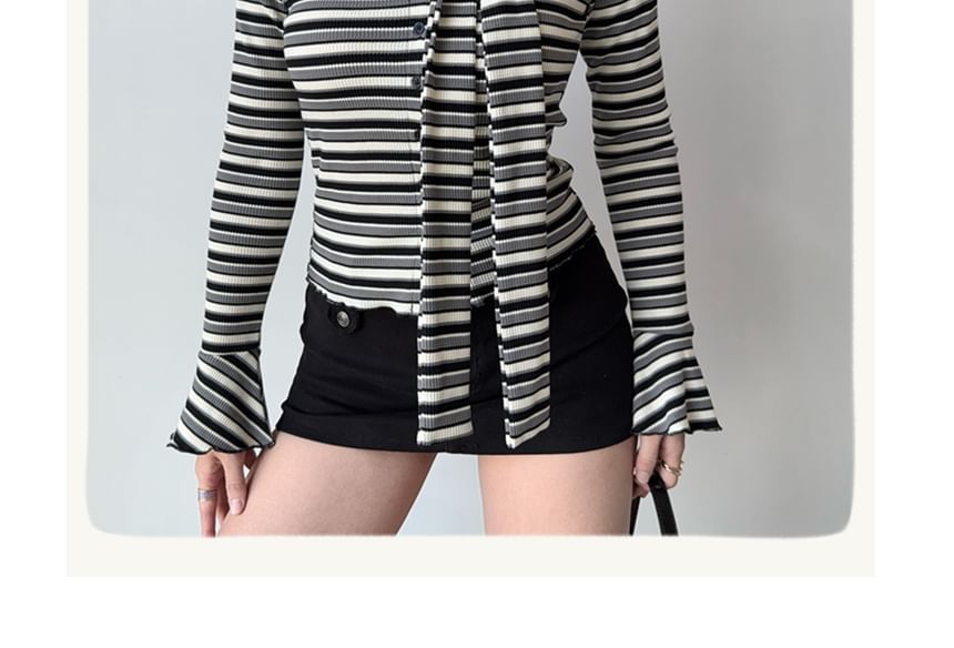 Striped Ribbed Button-Front Top with Skinny Scarf Set, Square Neck, Long Sleeves, Slim Fit