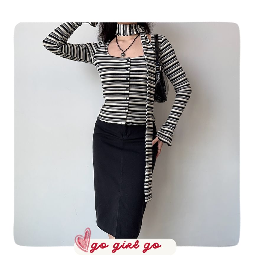 Striped Ribbed Button-Front Top with Skinny Scarf Set, Square Neck, Long Sleeves, Slim Fit