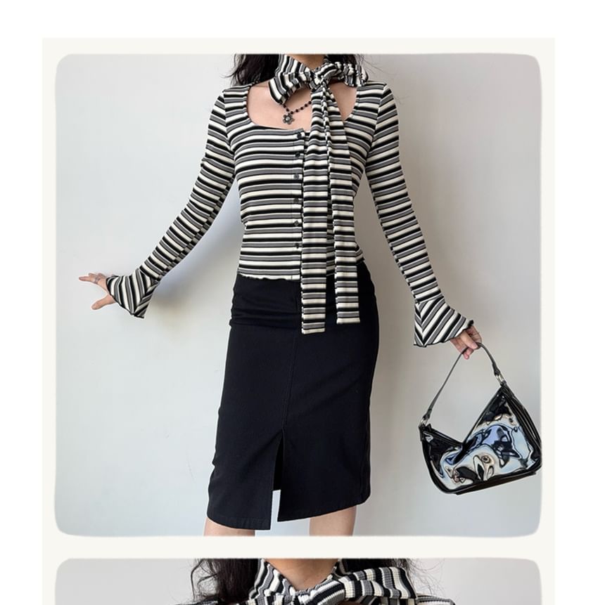 Striped Ribbed Button-Front Top with Skinny Scarf Set, Square Neck, Long Sleeves, Slim Fit