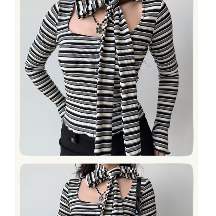 Striped Ribbed Button-Front Top with Skinny Scarf Set, Square Neck, Long Sleeves, Slim Fit