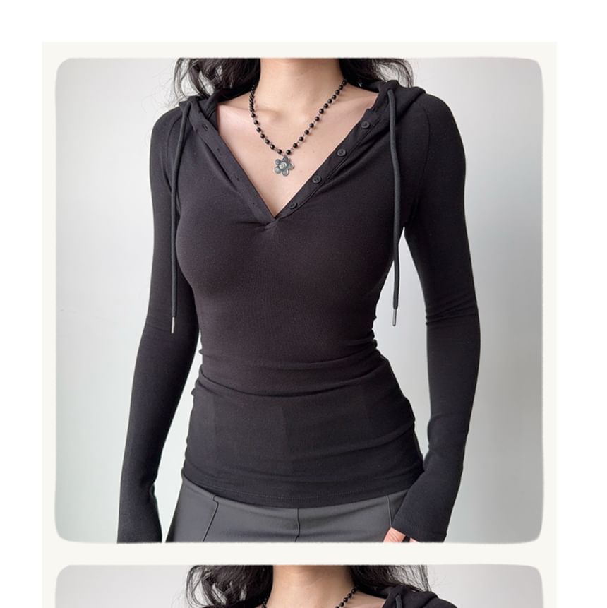 Henley Hooded Drawstring T-Shirt, Long Sleeves, Solid Color, Slim Fit, Casual