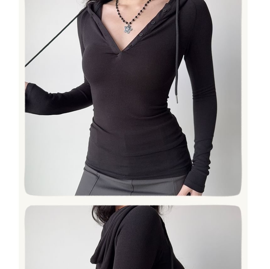 Henley Hooded Drawstring T-Shirt, Long Sleeves, Solid Color, Slim Fit, Casual