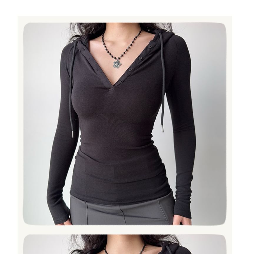 Henley Hooded Drawstring T-Shirt, Long Sleeves, Solid Color, Slim Fit, Casual