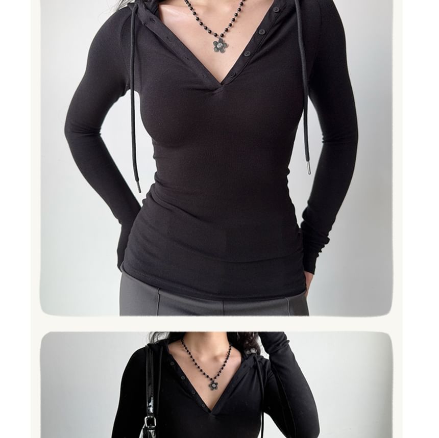 Henley Hooded Drawstring T-Shirt, Long Sleeves, Solid Color, Slim Fit, Casual