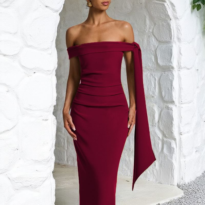 Sleeveless Off-Shoulder Plain Slit Maxi Sheath Dress