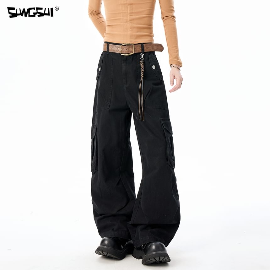 High Waist Plain Baggy Cargo Pants