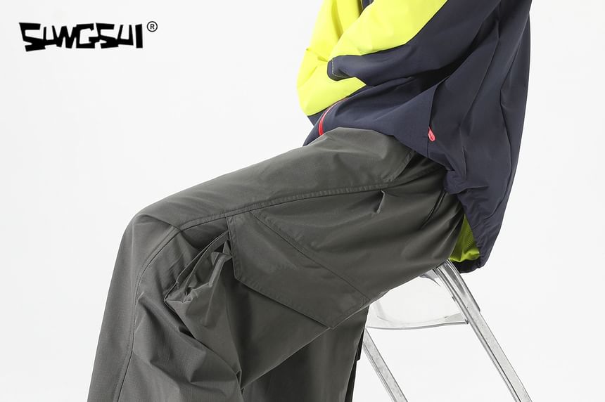 Drawstring Waist Plain Cargo Baggy Pants