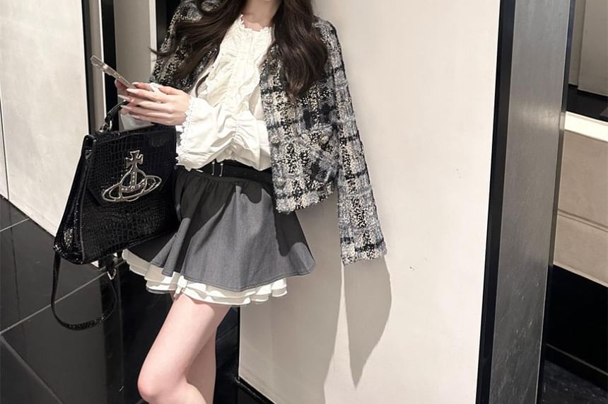 Plaid Tweed Jacket / Long-Sleeve Plain Blouse / Mini Skirt