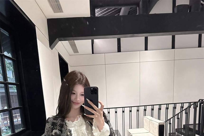 Plaid Tweed Jacket / Long-Sleeve Plain Blouse / Mini Skirt