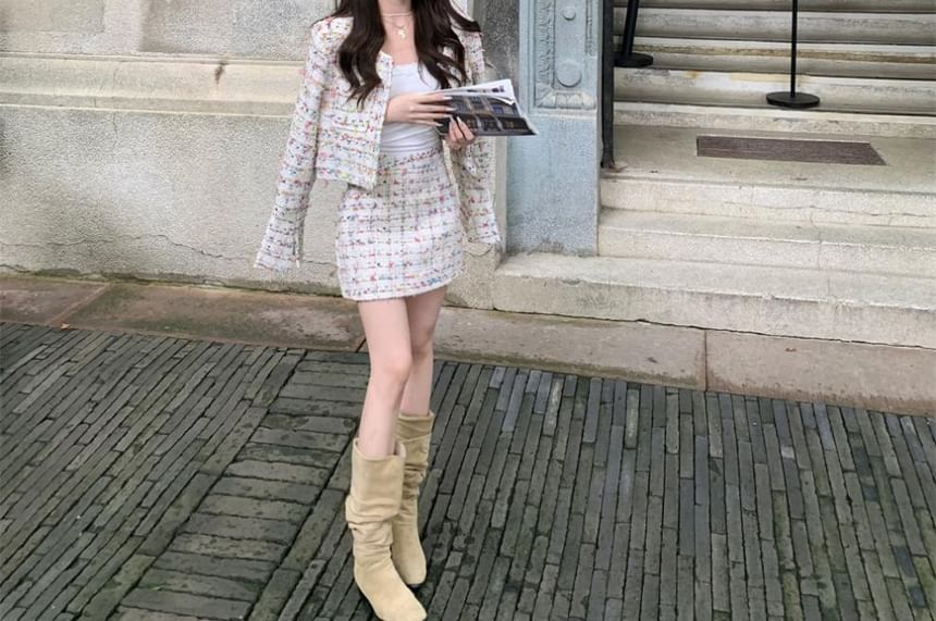 Set: Button-Up Tweed Crop Jacket + Mini Skirt