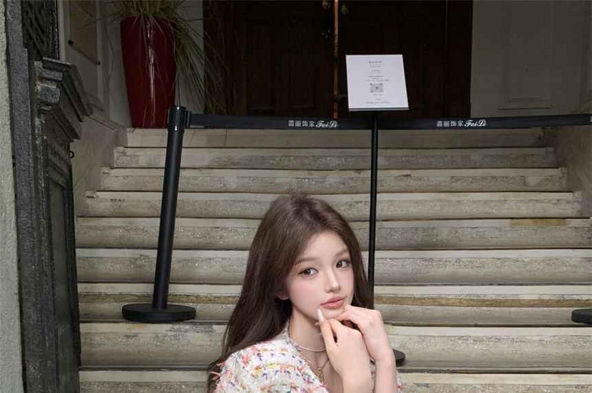 Set: Button-Up Tweed Crop Jacket + Mini Skirt