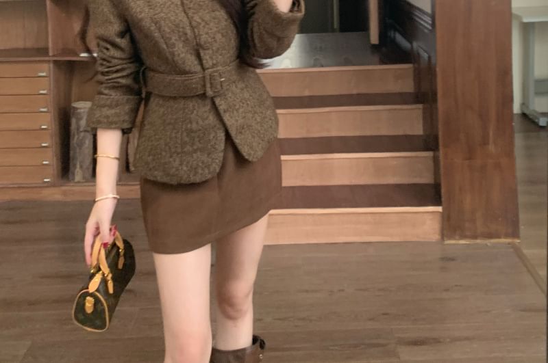 Button-Up Tweed Jacket / Mini Skirt / Belt / Set
