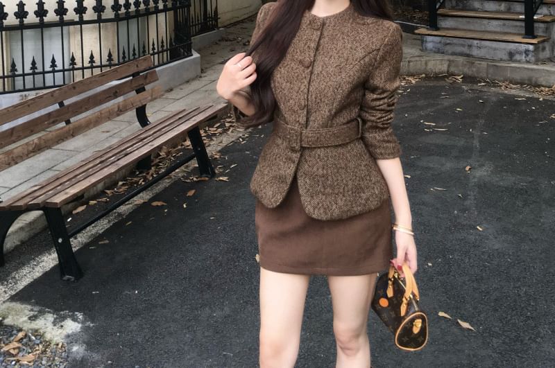 Button-Up Tweed Jacket / Mini Skirt / Belt / Set