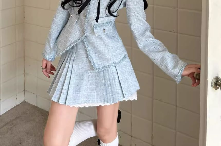 Set: Square Neck Bow Accent Button-Up Tweed Jacket + High Waist Pleated Mini A-Line Skirt