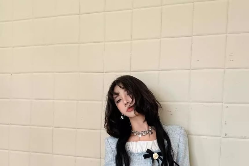 Set: Square Neck Bow Accent Button-Up Tweed Jacket + High Waist Pleated Mini A-Line Skirt