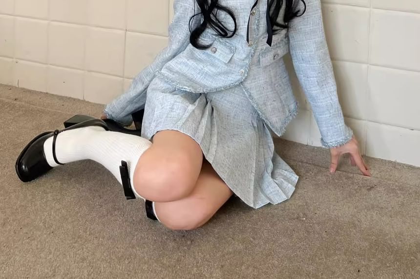 Set: Square Neck Bow Accent Button-Up Tweed Jacket + High Waist Pleated Mini A-Line Skirt