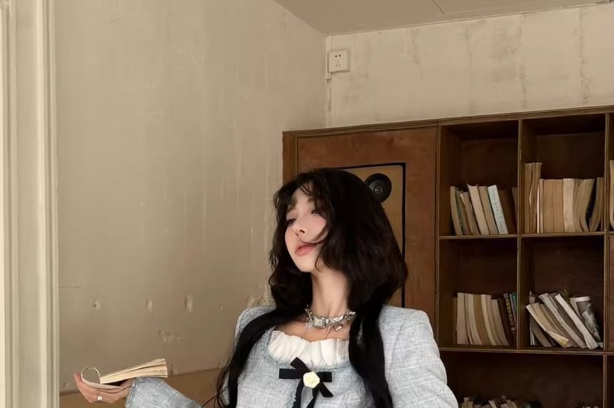 Set: Square Neck Bow Accent Button-Up Tweed Jacket + High Waist Pleated Mini A-Line Skirt