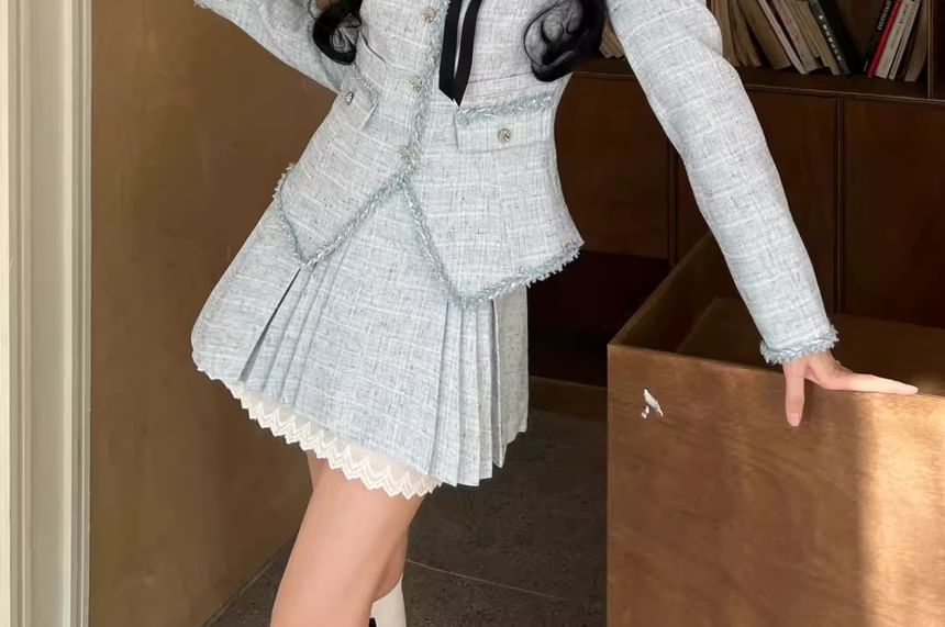 Set: Square Neck Bow Accent Button-Up Tweed Jacket + High Waist Pleated Mini A-Line Skirt