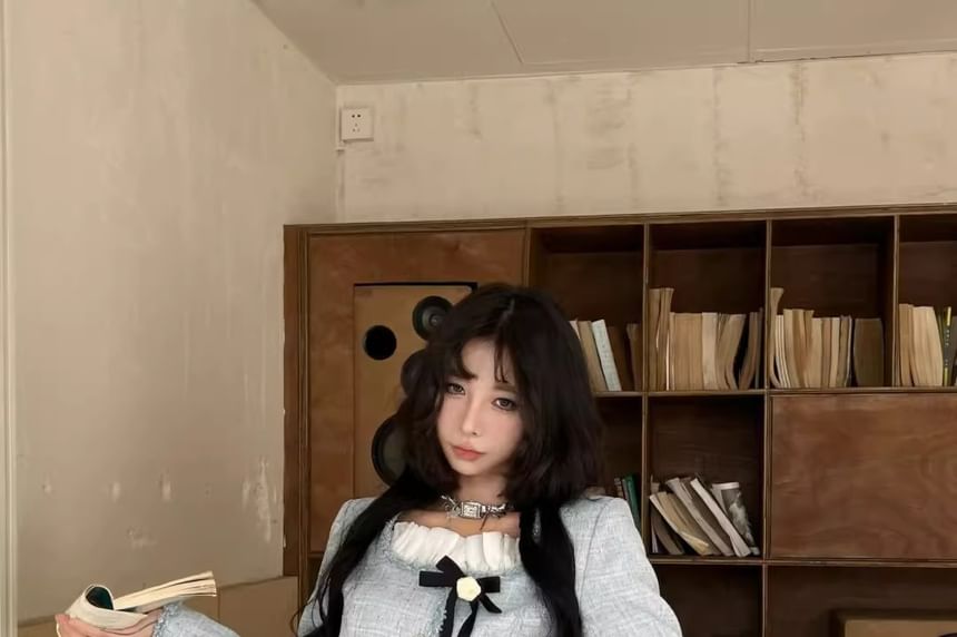 Set: Square Neck Bow Accent Button-Up Tweed Jacket + High Waist Pleated Mini A-Line Skirt