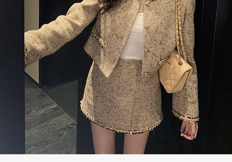 Crew Neck Sequin Trim Button-Up Tweed Crop Jacket / High Rise Mini A-Line Skirt