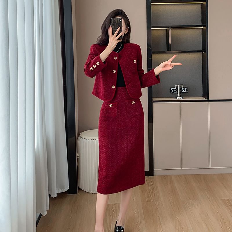 Set: Button-Up Tweed Jacket + High Waist Maxi Skirt