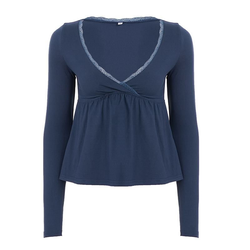 Plain Lace-Trim V-Neck A-Line Long Sleeve T-Shirt