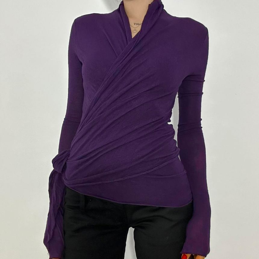 Plain Wrapped Slim-Fit Long Sleeve T-Shirt