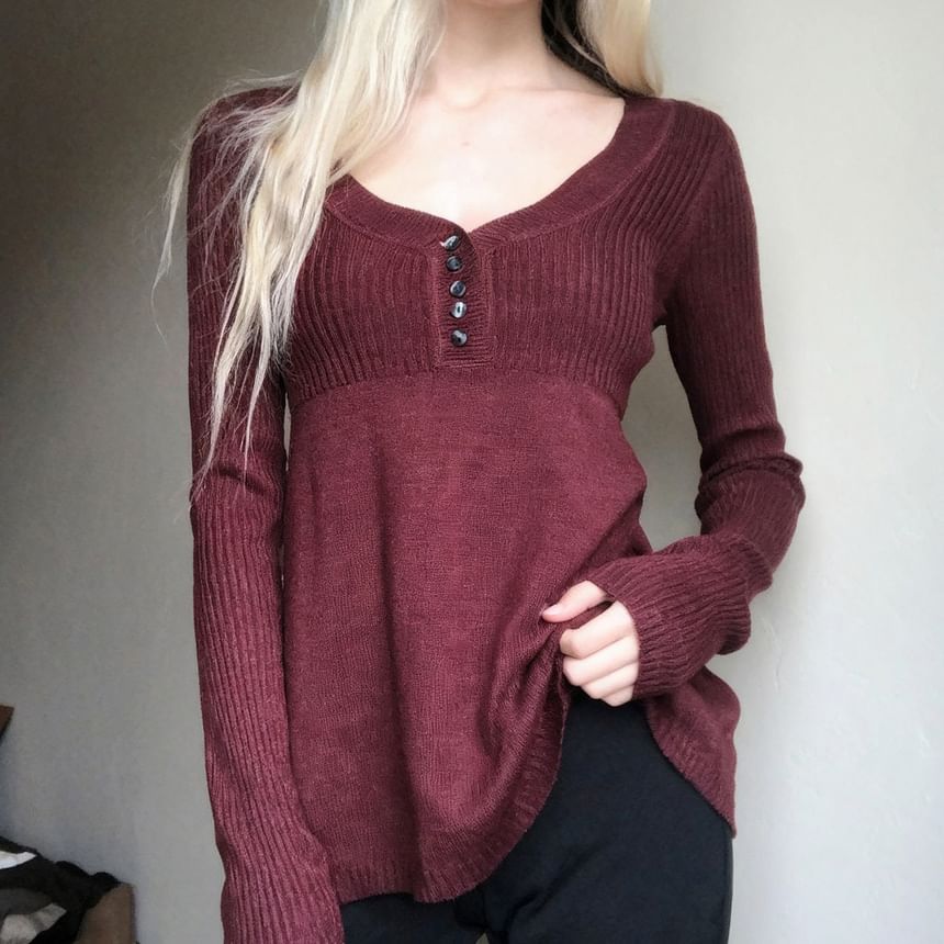 Plain V-Neck A-Line Long Sleeve Knit Top