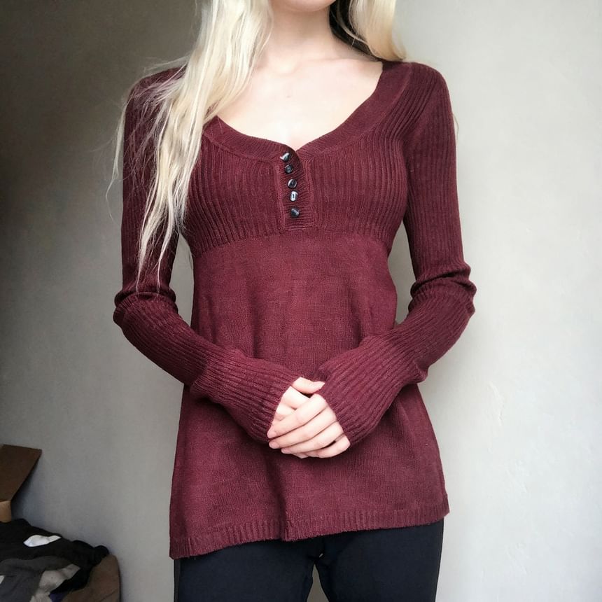 Plain V-Neck A-Line Long Sleeve Knit Top