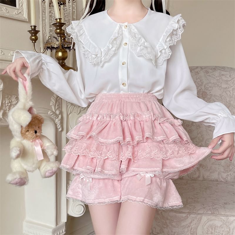 Lace Trim High Waist Mini Layered Skort