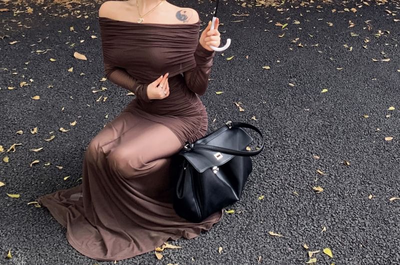 Long-Sleeve Off Shoulder Plain Ruched Maxi Bodycon Dress
